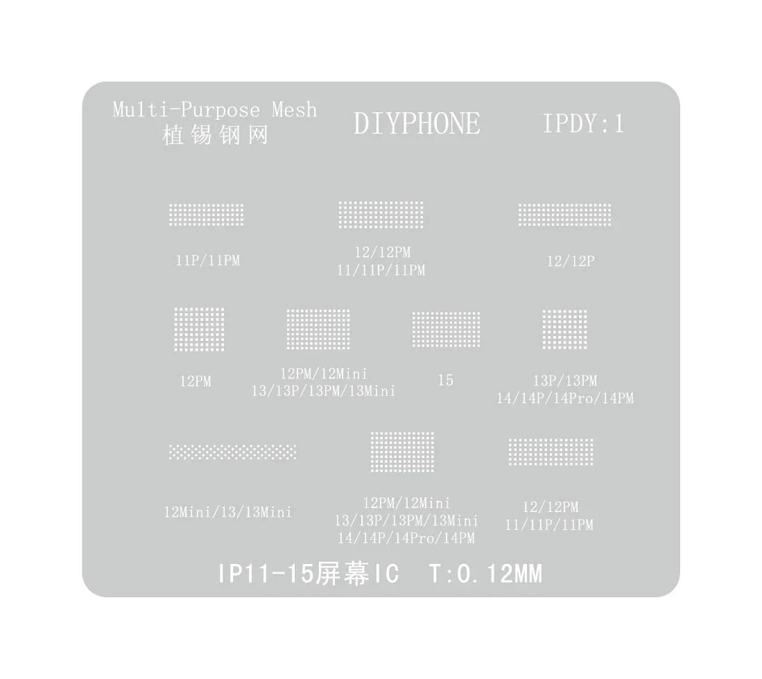 PhoneFix BGA reballing stencil for iPhone 11-15 Pro Max screen cable protection template, with precise cutouts for repair work.