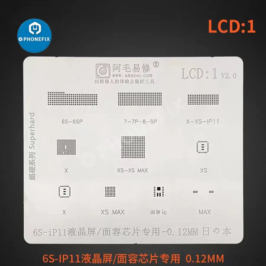 AMAOE BGA reballing stencil for iPhone Face ID and LCD screen IC repair by PHONEFIX, used for precise reballing of BGA components.