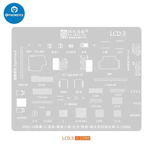 PHONEFIX BGA reballing stencil for iPhone Face ID and LCD screen IC repair, used for precise reballing of BGA chips.