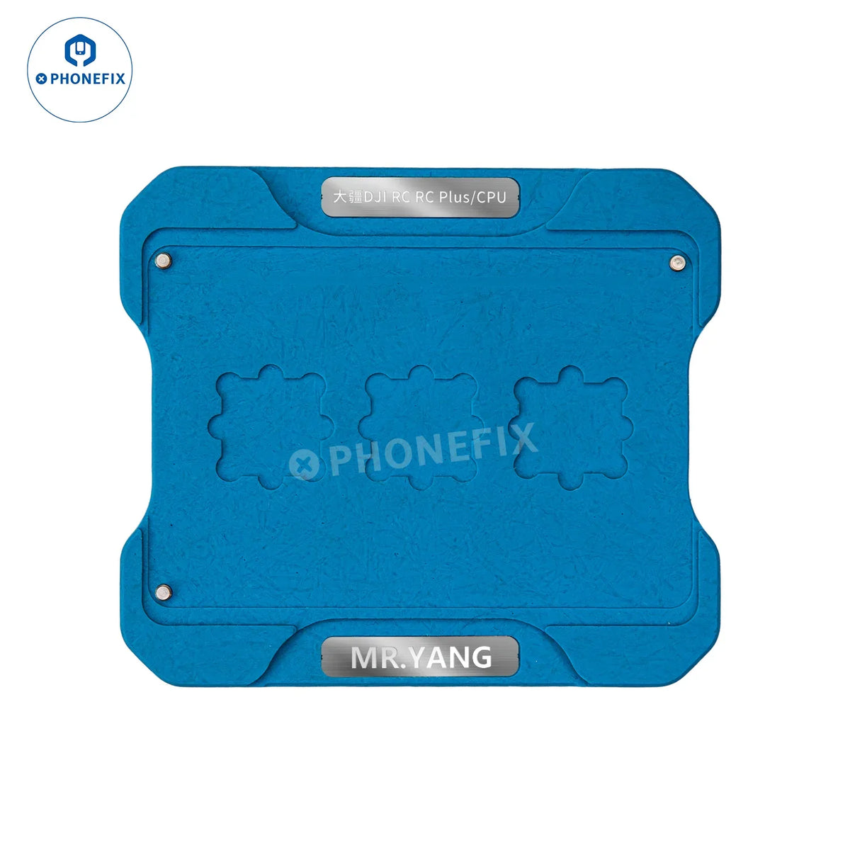 BGA reballing stencil for DJI RC drone CPU, used in soldering and repair, with PHONEFIX branding on the stencil.