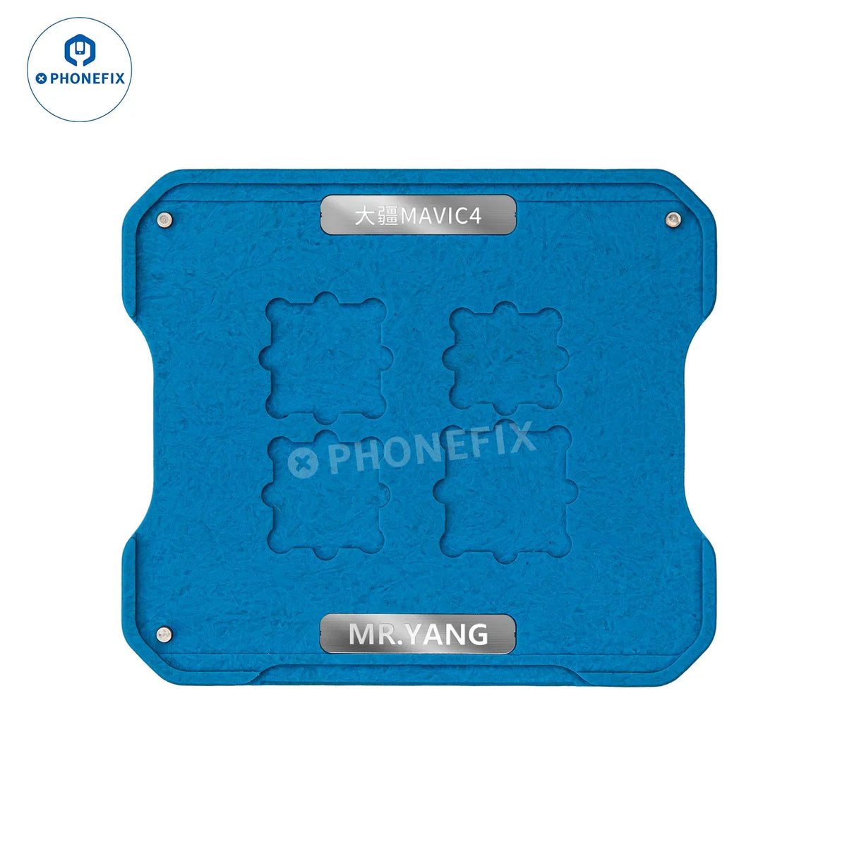 BGA reballing stencil for DJI drone RC2 T2 CPU, PHONEFIX brand, showing precise metal mesh pattern for soldering platform.