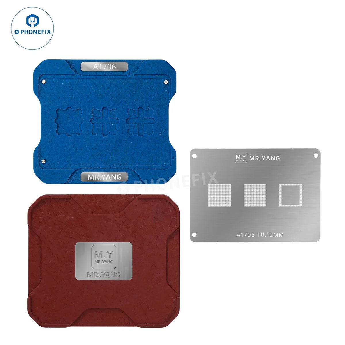Phonefix YCS M.Y M1 M2 M3 M4 BGA reballing stencil platform for MacBook repair, shown with multiple stencil sizes for BGA reballing.