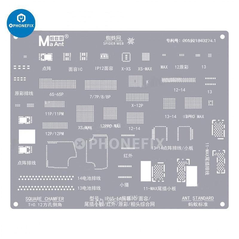 MaAnt universal BGA reballing stencil for iPhone 6 to 15 Pro Max repair, used for reballing BGA chips on smartphones.