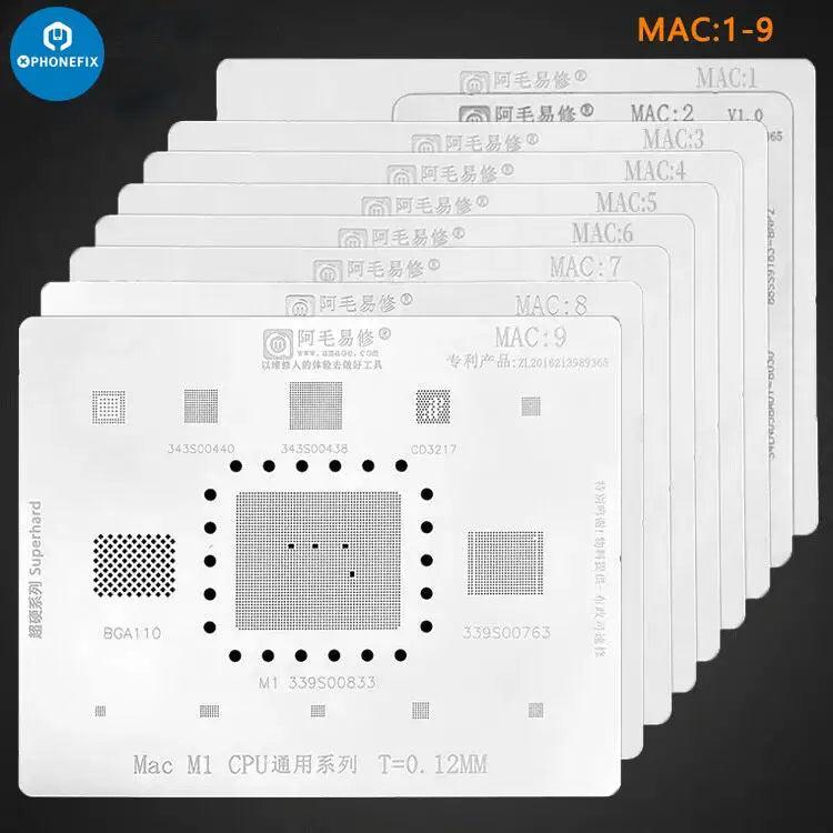 Amaoe BGA Reballing Stencil steel mesh for MAC, CPU, SSD, by PHONEFIX, showing detailed metallic mesh pattern for reballing.