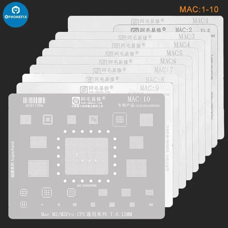 Steel BGA reballing stencil for MAC1-13 CPUs and SSDs, PHONEFIX brand, used for precise reballing and rework on circuit boards.