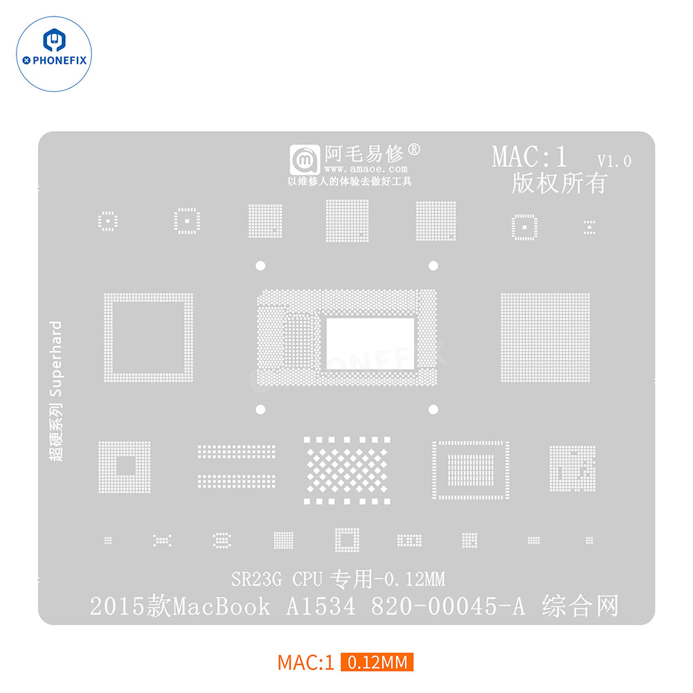 PHONEFIX Amaoe BGA Reballing Stencil for Apple MacBook CPU IC replacement, precision metal stencil for reballing process.