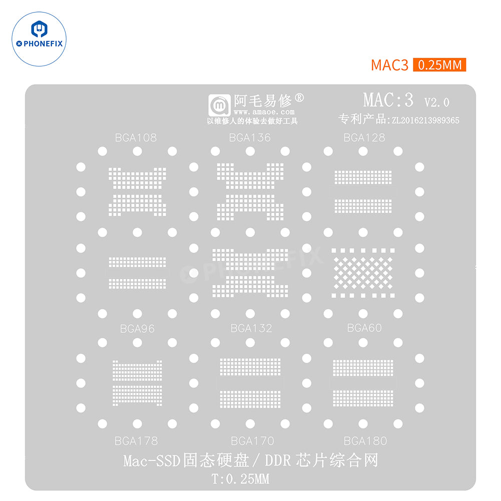 Amaoe BGA reballing stencil for Apple MacBook notebook CPU IC, used for precise reballing and repair of BGA chips.