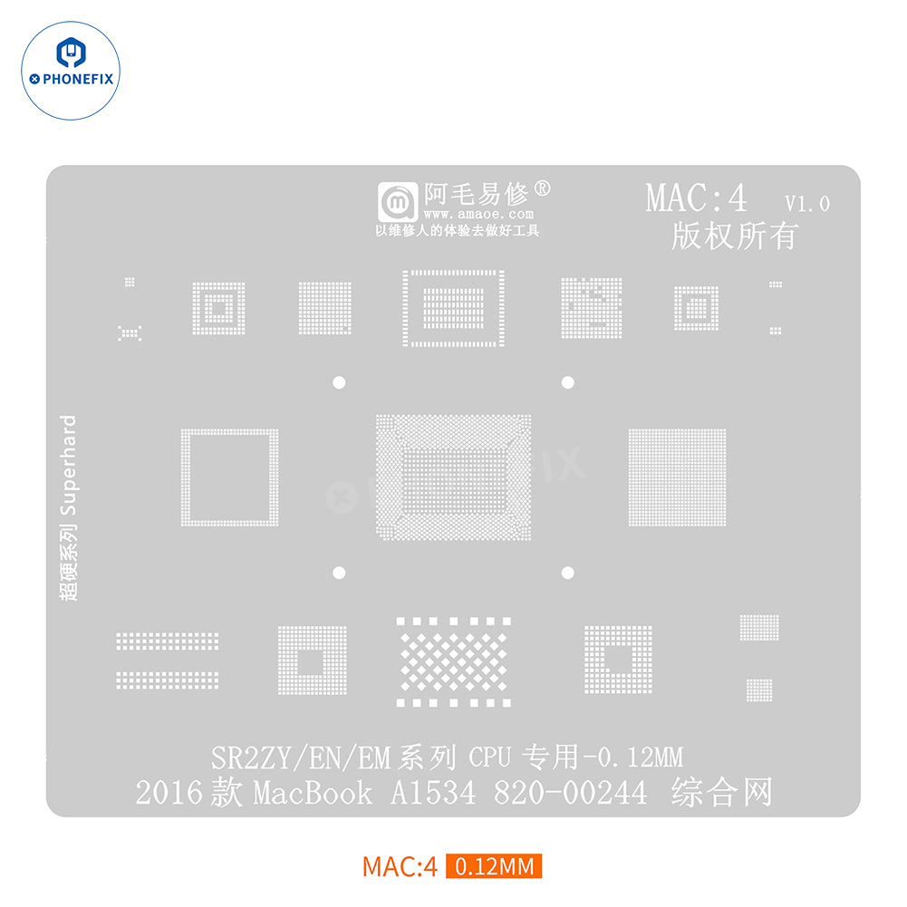 PHONEFIX Amaoe BGA reballing stencil for Apple MacBook notebook CPU IC, with precise metal mesh pattern for reballing.