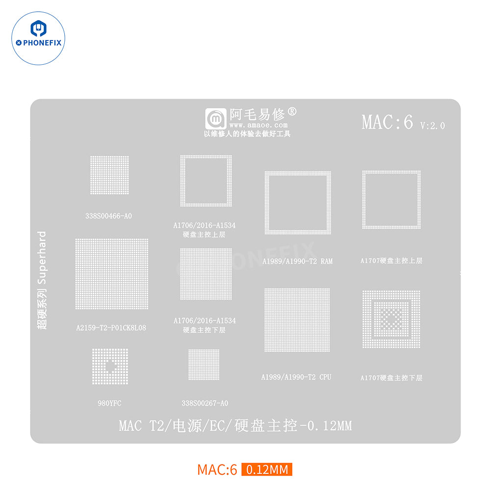 PHONEFIX Amaoe BGA Reballing Stencil for Apple MacBook CPU IC repair, showing precise metal mesh pattern on a white background.