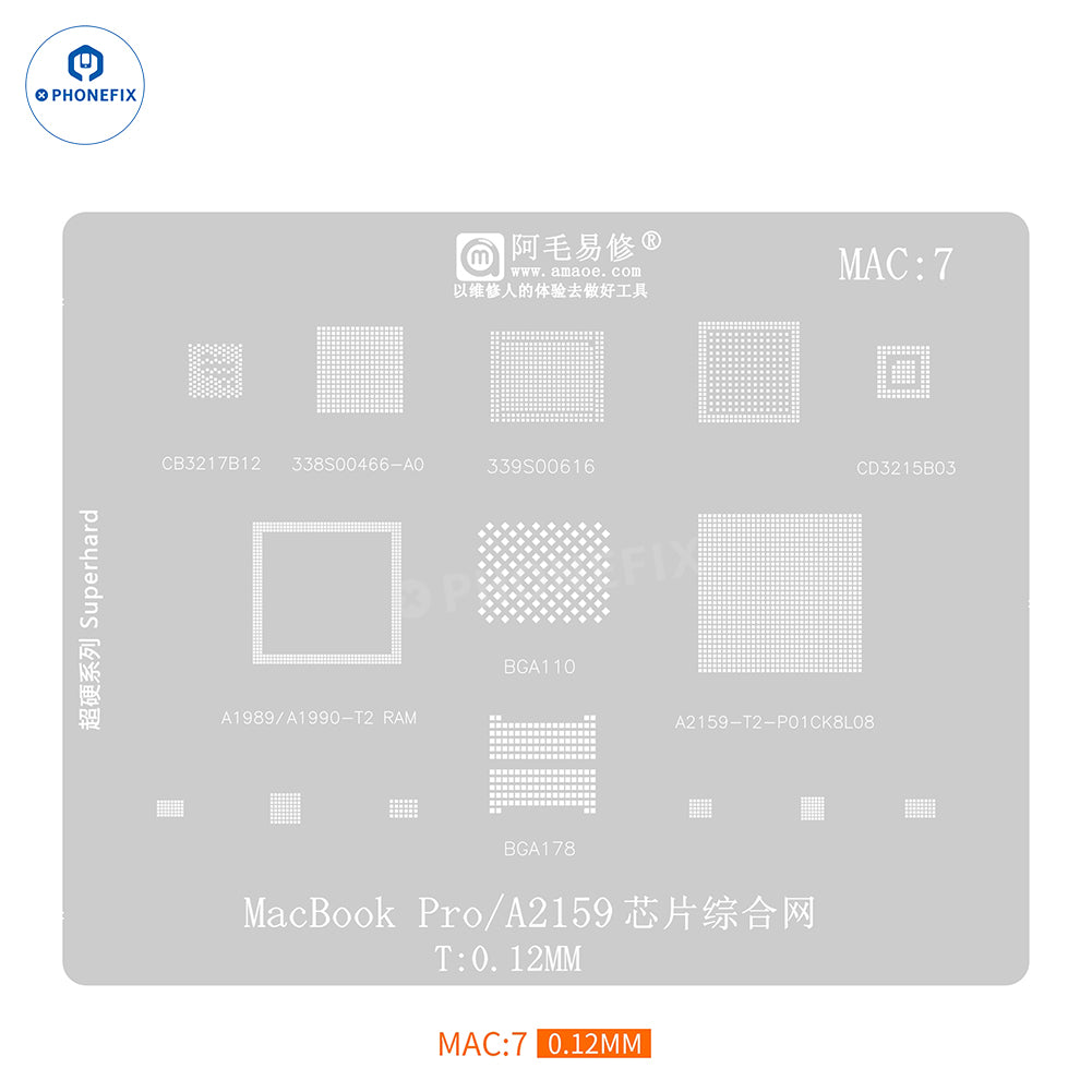 Amaoe BGA reballing stencil for Apple MacBook notebooks, designed for CPU IC reballing, by PHONEFIX.