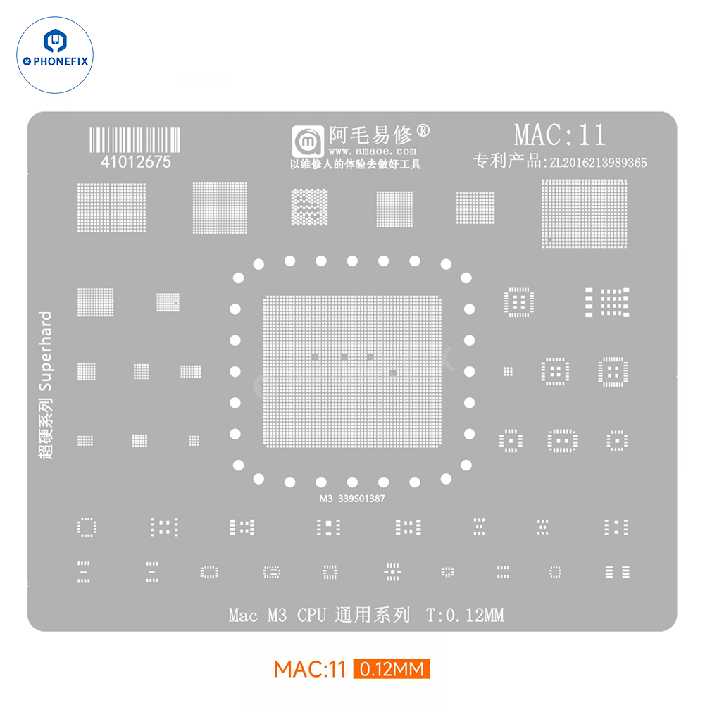 PhoneFix Amaoe BGA Reballing Stencil for Apple MacBook CPU IC, precision metal stencil for reballing process.