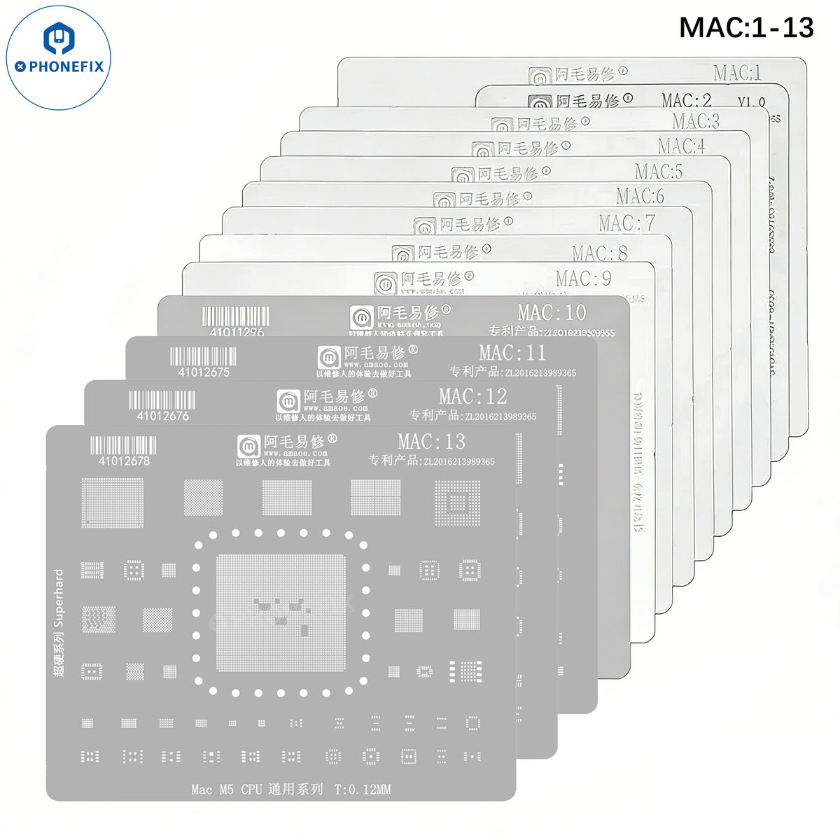 Amaoe BGA reballing stencil for Apple MacBook notebook CPU IC, used for precise reworking of BGA solder balls.