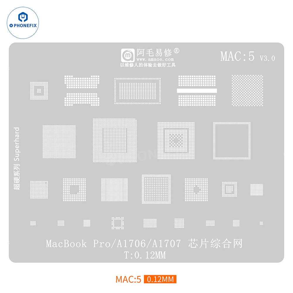 Amaoe BGA reballing stencil for Apple MacBook CPU IC by PHONEFIX, showing detailed metal stencil for reworking BGA chips.