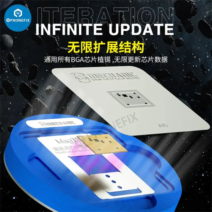 PHONEFIX Mechanic MagTin Tin Planting Platform for iPhone, Huawei, Qualcomm BGA reballing stencil, used for phone repair.