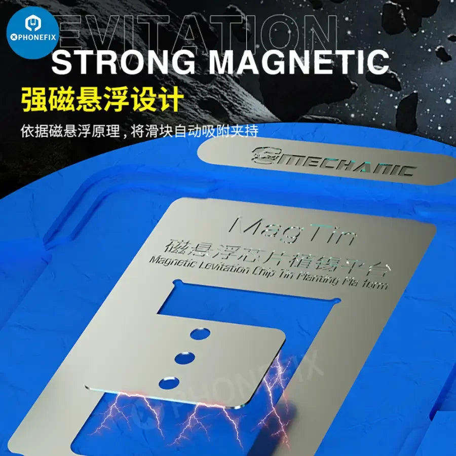PHONEFIX Mechanic MagTin Tin BGA Reballing Stencil for iPhone, Huawei, Qualcomm with 9-piece planting platform for precise rework.