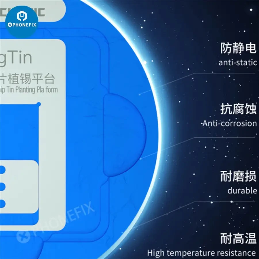PhoneFix Mechanic MagTin BGA Reballing Stencil for iPhone, Huawei, Qualcomm, includes 9-piece planting platform for precise reworking.