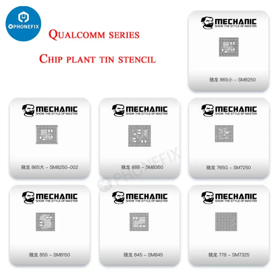 PHONEFIX Mechanic MagTin Tin BGA Reballing Stencil for iPhone, Huawei, Qualcomm; 9-piece planting platform for electronic repair.