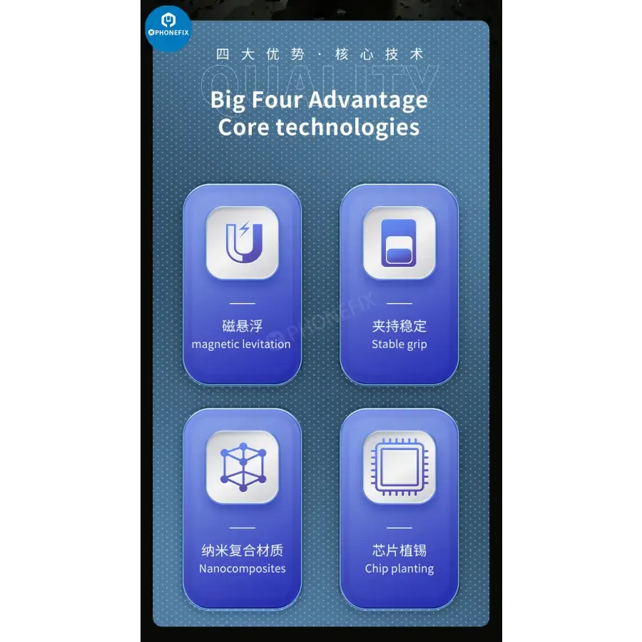 PHONEFIX Mechanic MagTin BGA Reballing Stencil for iPhone, Huawei, Qualcomm with 9-piece planting platform for precise rework.