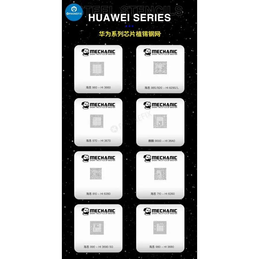 PHONEFIX Mechanic MagTin Tin BGA Reballing Stencil platform for iPhone, Huawei, Qualcomm; 9-piece planting stencil for reballing.