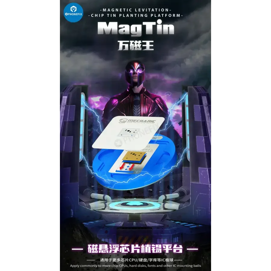 PHONEFIX Mechanic MagTin Tin BGA Reballing Stencil for iPhone, Huawei, Qualcomm, includes 9-piece planting platform for reballing.