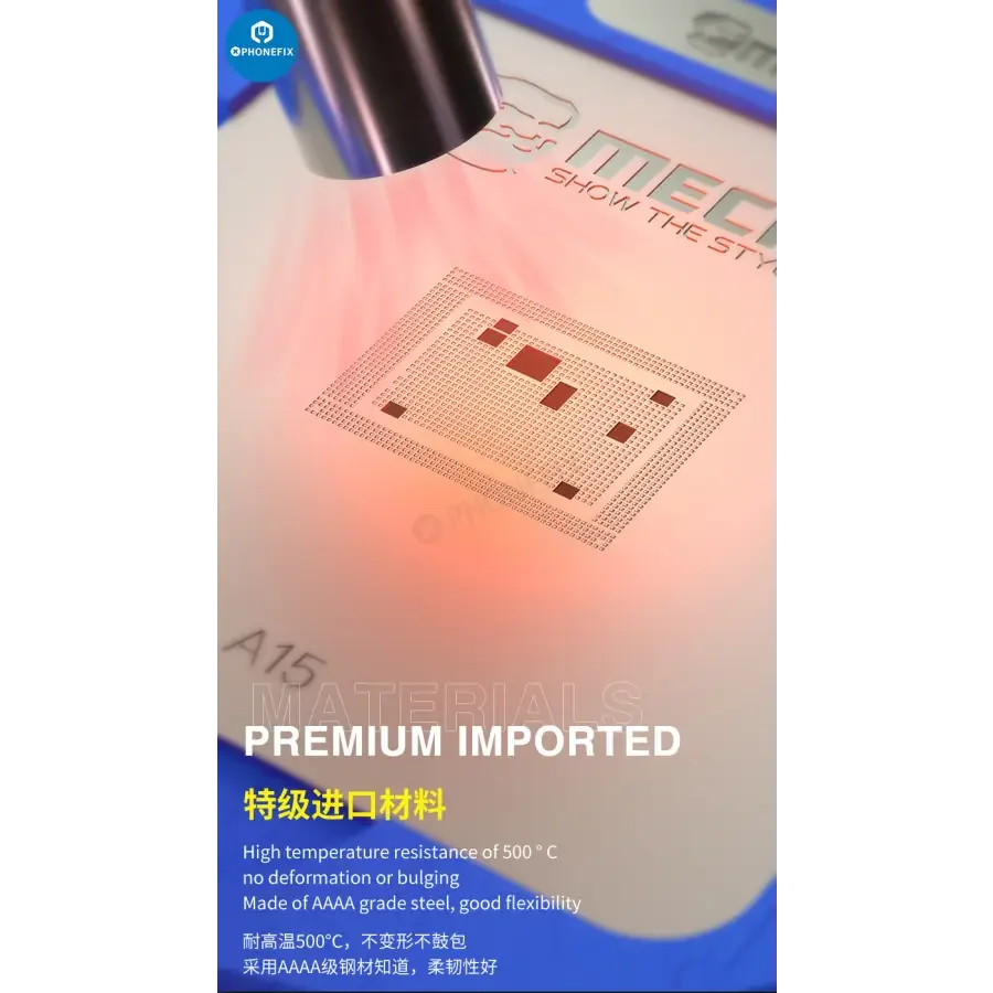PHONEFIX MagTin BGA Reballing Stencil for iPhone, Huawei, Qualcomm, 9-piece planting platform for precise chip reballing and repair.