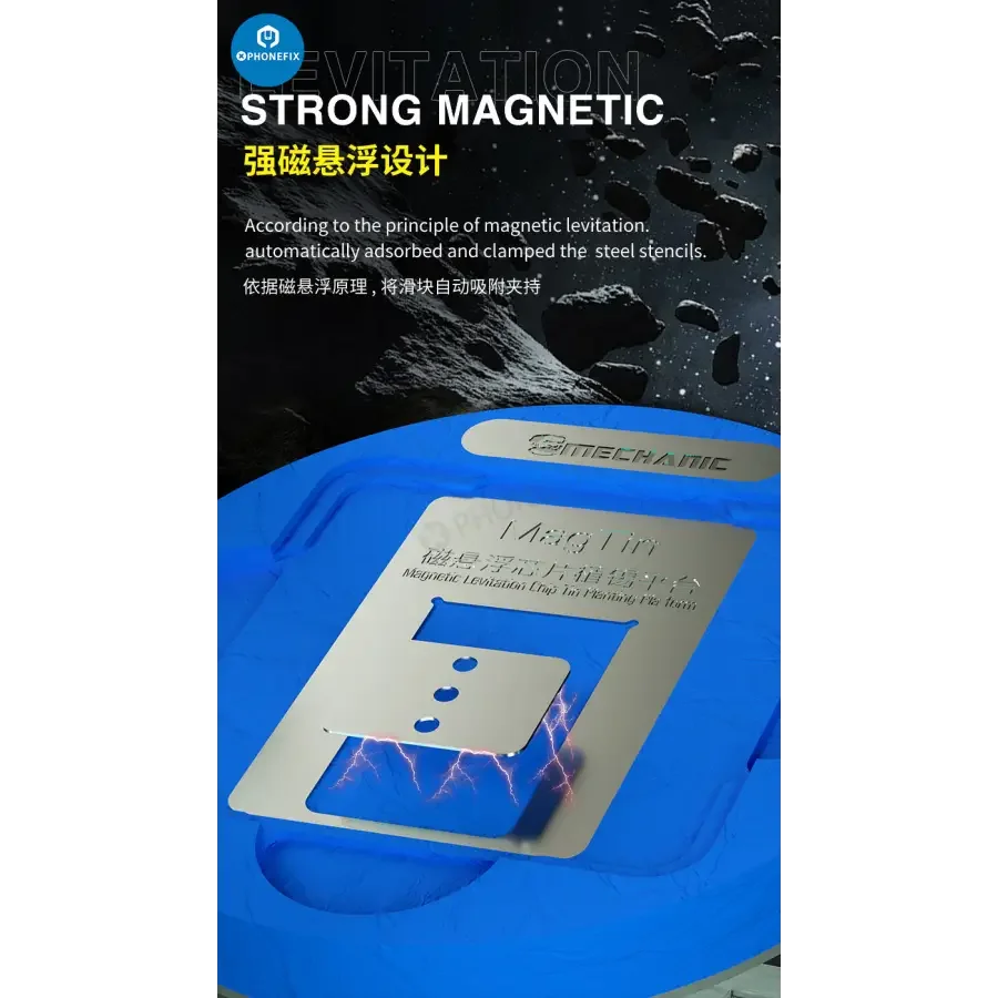 PHONEFIX Mechanic MagTin BGA Reballing Stencil for iPhone, Huawei, Qualcomm; 9-piece planting platform for precise reballing.