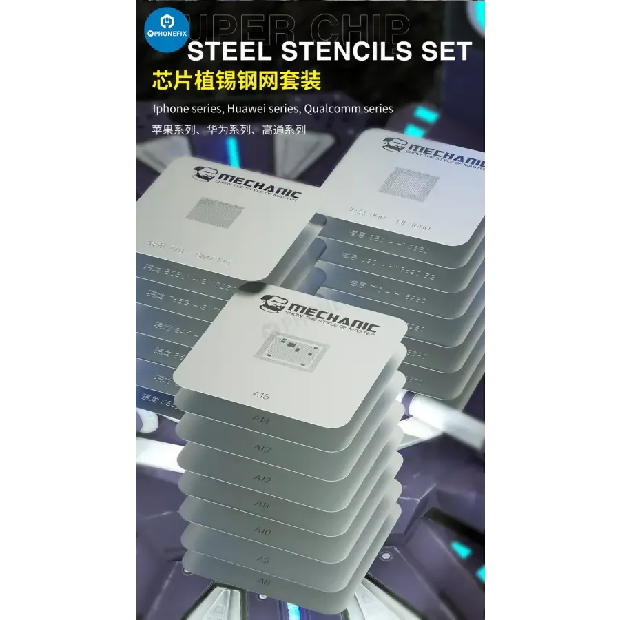 PhoneFix Mechanic MagTin BGA Reballing Stencil for iPhone, Huawei, Qualcomm, with 9-piece planting platform for precise rework.