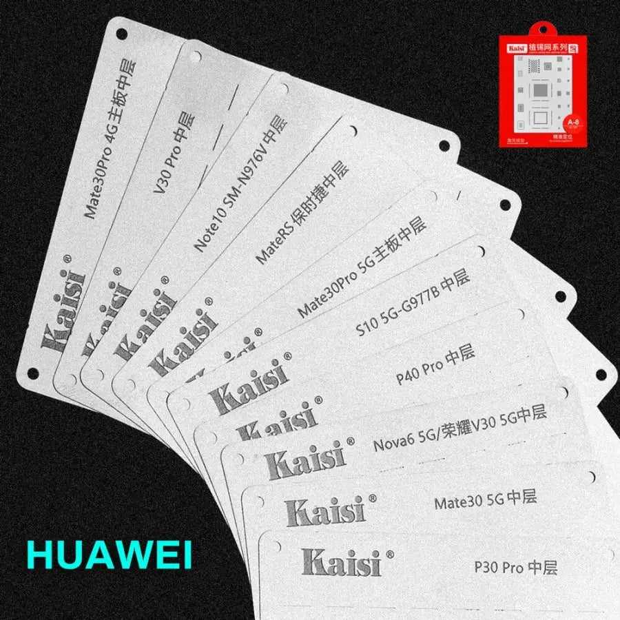 Kaisi 2D middle-level BGA reballing stencil for Huawei P40, P30, V30 Pro smartphones, used for PCB reballing repairs.