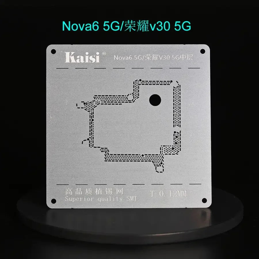Kaisi 2D middle-level BGA reballing stencil for Huawei P40, P30, V30 Pro devices, used for phone repair and reballing.