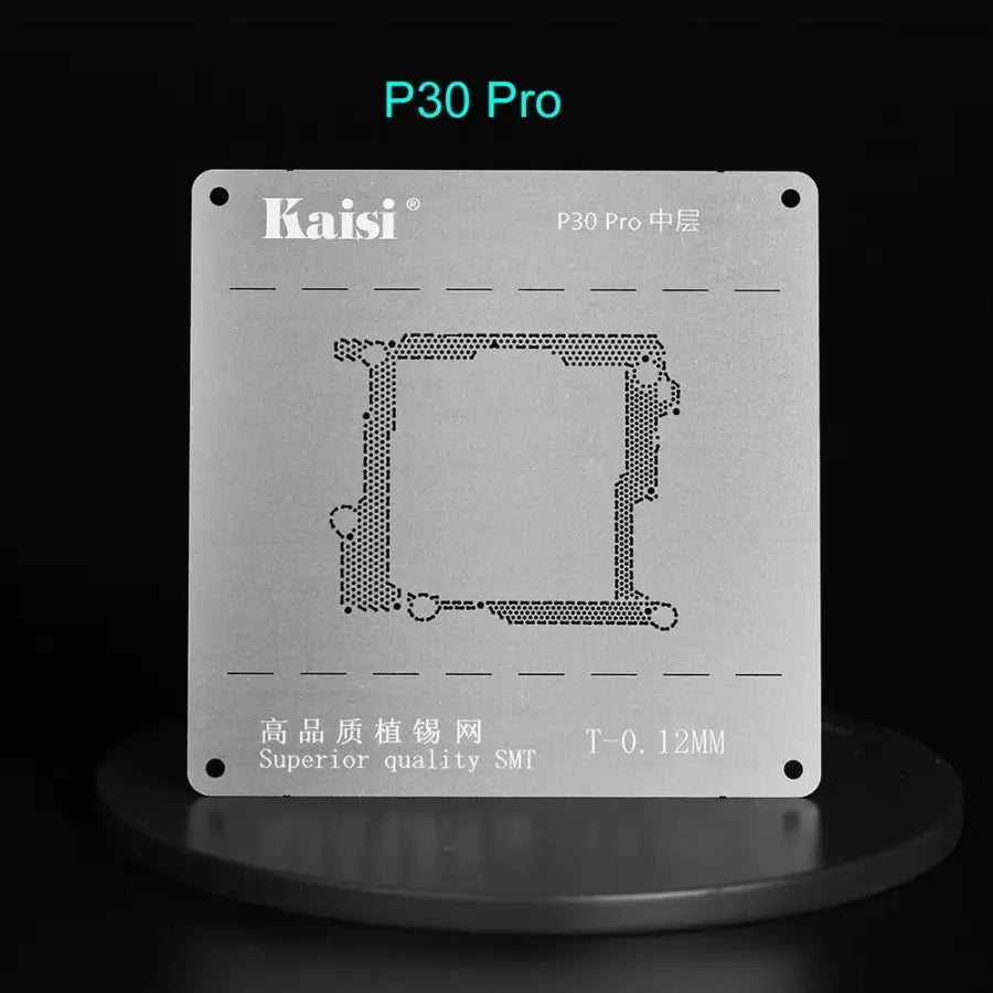 Kaisi 2D middle-level BGA reballing stencil for Huawei P40, P30, V30 Pro, used for phone repair and reballing processes.