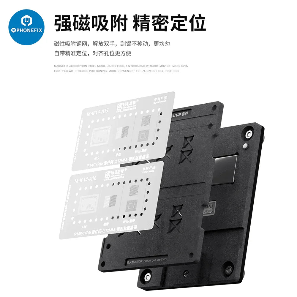 PhoneFix MBGA-IP 26-in-1 BGA reballing stencil platform for iPhone 7 to 15 Pro Max, used for precise reballing and repair.