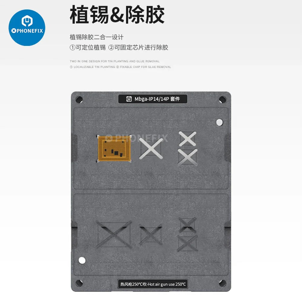PhoneFix Mbga-IP 26-in-1 BGA Reballing Platform and Stencil for iPhone 7 to 15 Pro Max repair and reballing processes.
