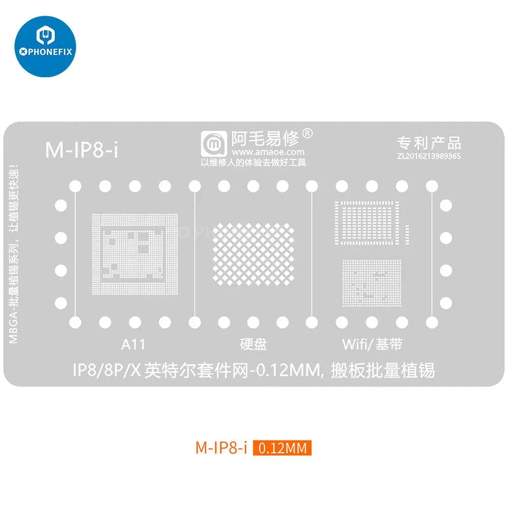 PhoneFix MBGA-IP 26-in-1 BGA Reballing Stencil platform for iPhone 7 to 15 Pro Max, used for precise reballing repair work.