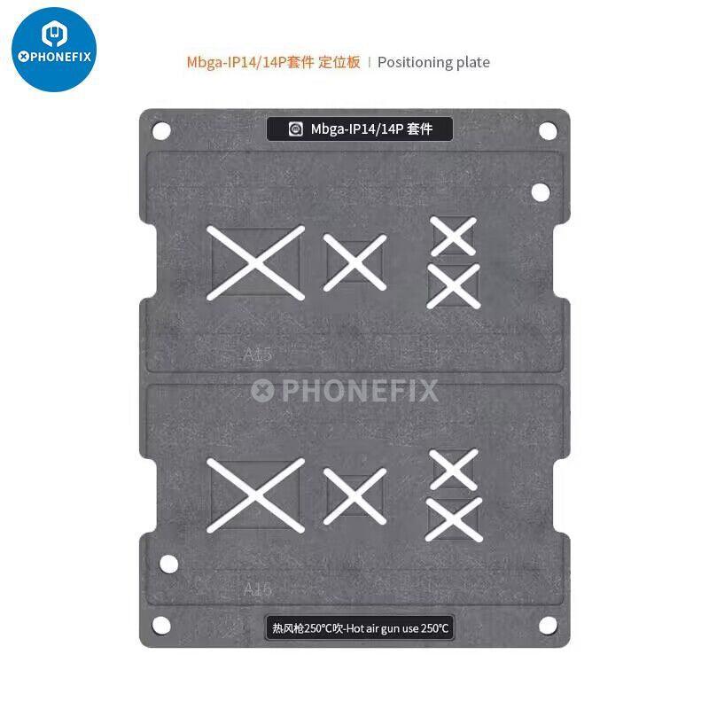 Phonefix MBGA-IP 26-in-1 BGA Reballing Stencil platform for iPhone 7 to 15 Pro Max repair and reballing tasks.