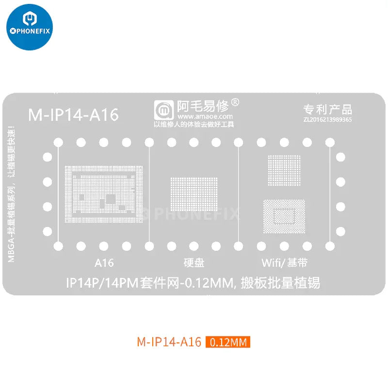 PhoneFix MBGA-IP 26-in-1 BGA Reballing Stencil platform for iPhone 7 to 15 Pro Max repair and reballing.