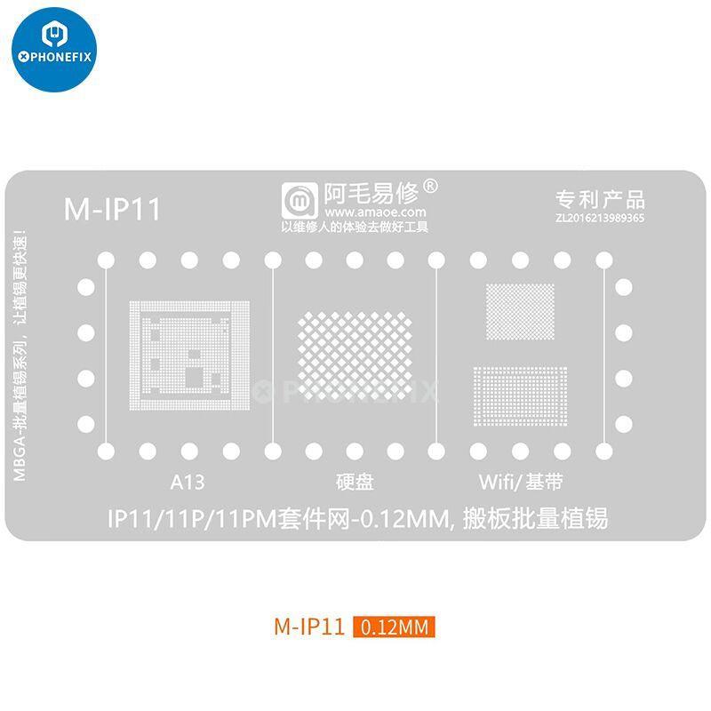 PhoneFix MBGA-IP 26-in-1 BGA reballing stencil for iPhone 7 to 15 Pro Max, used in electronics repair and reballing processes.