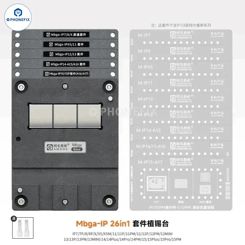 PhoneFix Mbga-IP 26-in-1 BGA reballing platform stencil for iPhone 7 to 15 Pro Max repair and reballing tasks.
