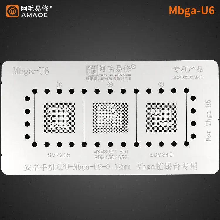 Amaoe BGA reballing stencil template for CPU MBGA chips, used for reballing and repair of mobile device circuit boards.