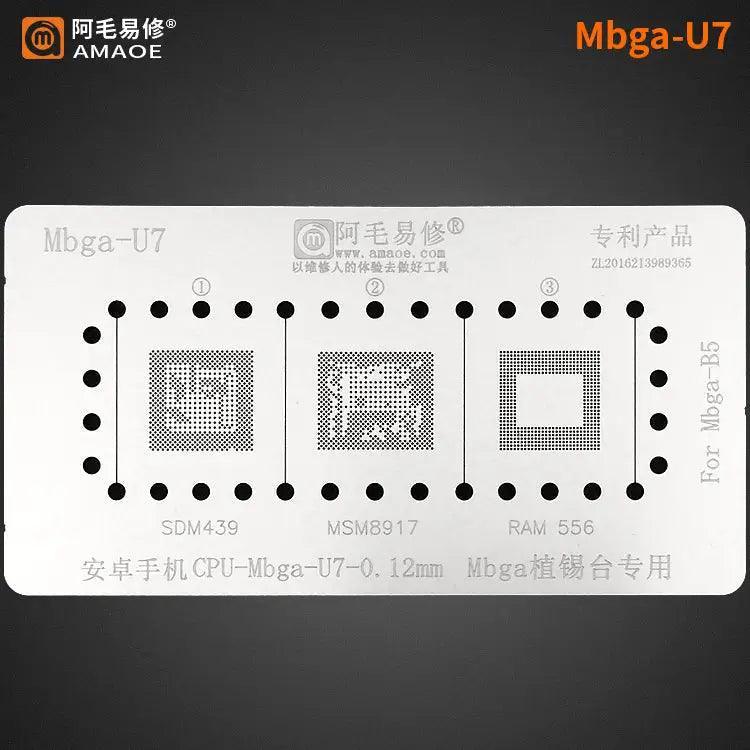 Amaoe BGA Reballing Stencil Template for CPU MBGA chips, used for reballing repair, by PHONEFIX, displayed on a white background.