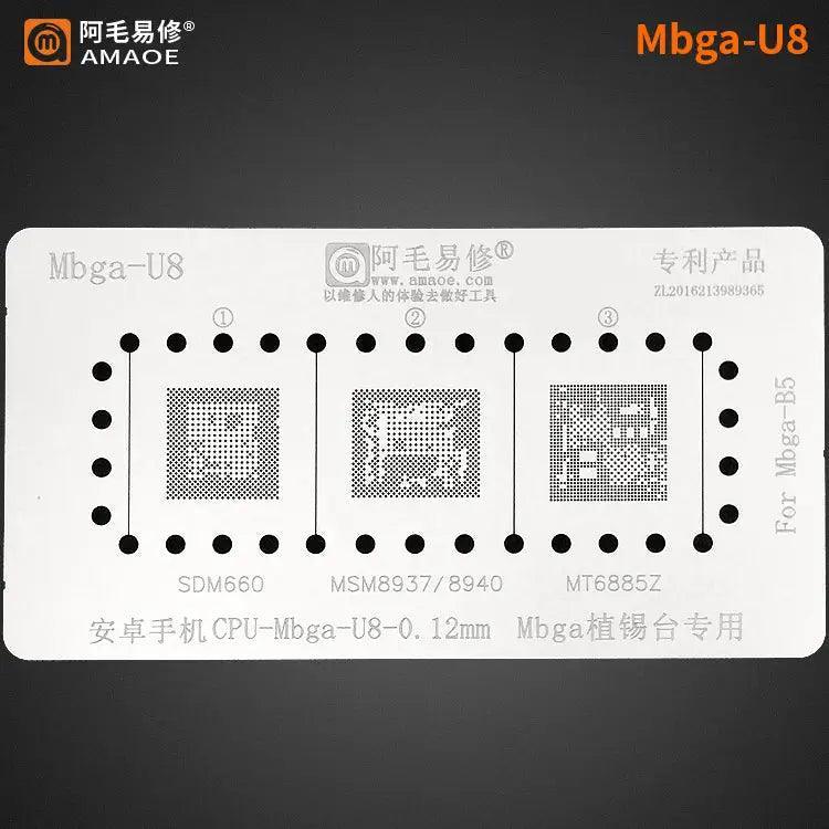 Amaoe BGA reballing stencil template for CPU MBGA chips, used for reworking and repairing mobile device circuit boards.