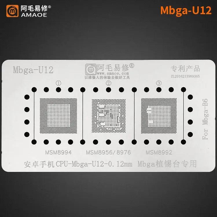 Amaoe BGA reballing stencil template for CPU MBGA chips used in phone repair by PHONEFIX, featuring precise cutouts for reballing.