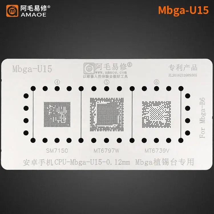 Amaoe BGA Reballing Stencil Template for CPU MBGA chips, used for reballing and repair of mobile device circuit boards, by PHONEFIX.