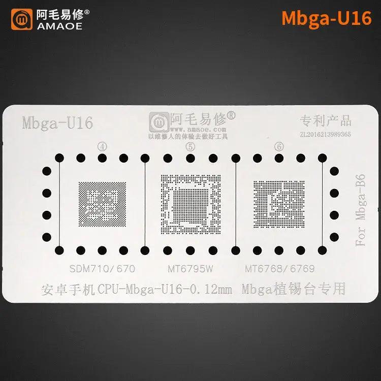 Amaoe BGA reballing stencil template for CPU and MBGA chips, used for precise reballing in electronic repairs.