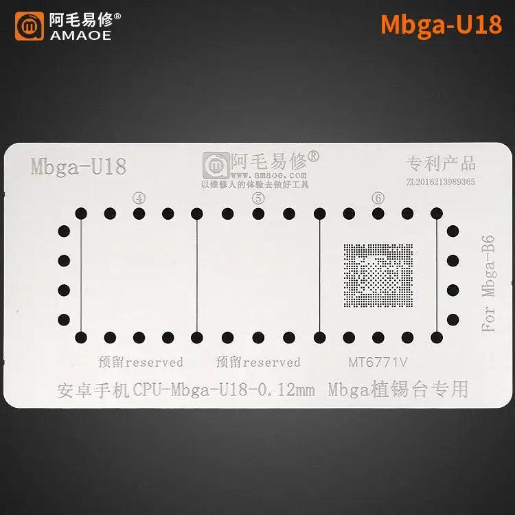 Amaoe BGA reballing stencil template for CPU MBGA chips, used for reworking and repairing mobile device circuit boards.