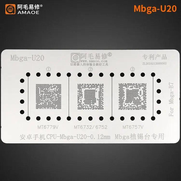 Amaoe BGA Reballing Stencil Template for CPU MBGA by PHONEFIX, showing detailed metal mesh and stencil design for reballing.