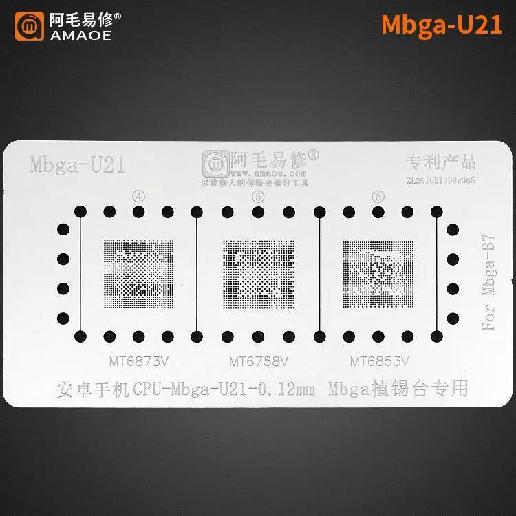 Amaoe BGA reballing stencil template for CPU MBGA chips, used for precise rework and repair of mobile device chipsets.
