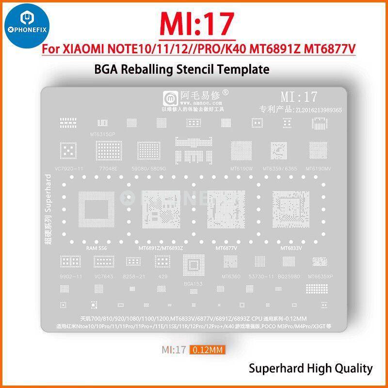 Universal Amaoe CPU BGA Reballing Stencil for Xiaomo Redmi repair by PHONEFIX, used for precise reballing of BGA chips.