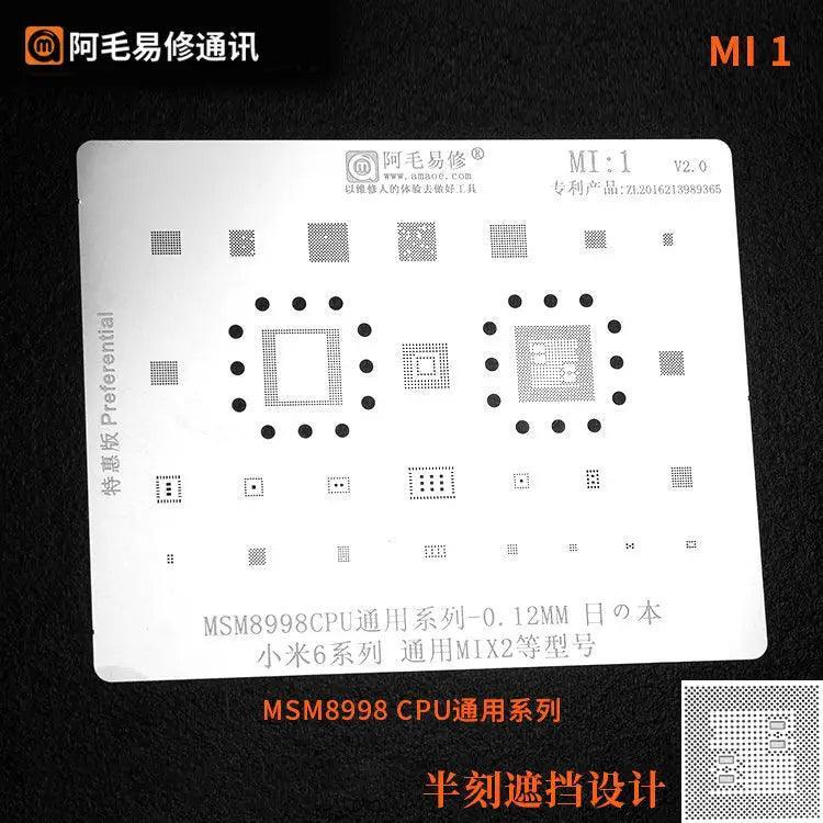 Universal Amaoe CPU BGA reballing stencil for Xiaomo Redmi repair, used for precise BGA reballing in phone repairs.