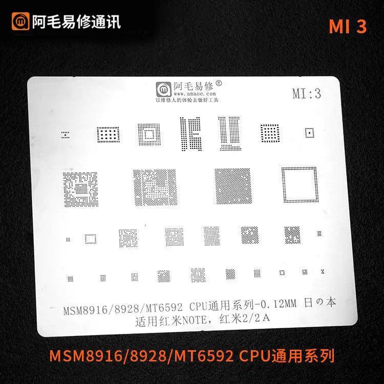Universal Amaoe CPU BGA reballing stencil for Xiaomo Redmi repair, used for precise reballing of BGA chips, by PHONEFIX.