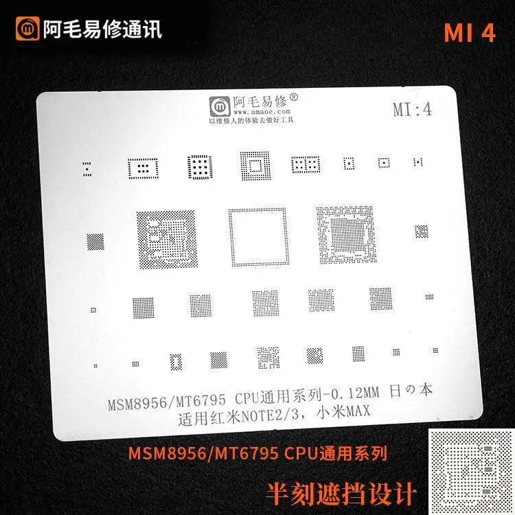 Universal Amaoe CPU BGA reballing stencil for Xiaomo Redmi repair by PHONEFIX, used for precise BGA reballing and CPU repair.